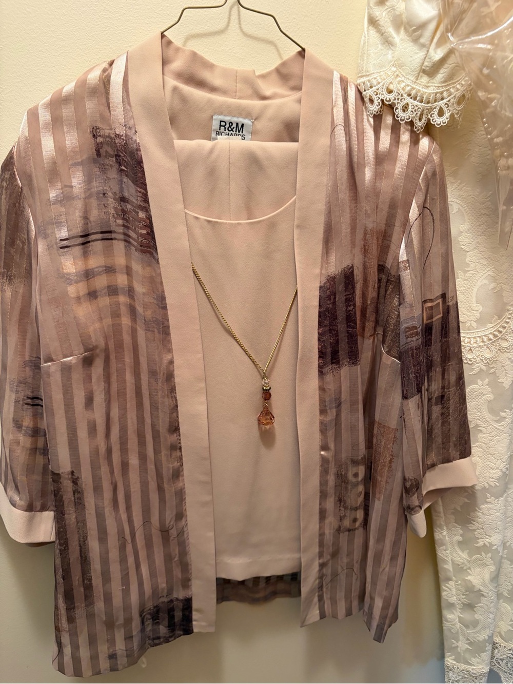 R&M Richards Blush Pink Layered Sheer Stripe Open Jacket